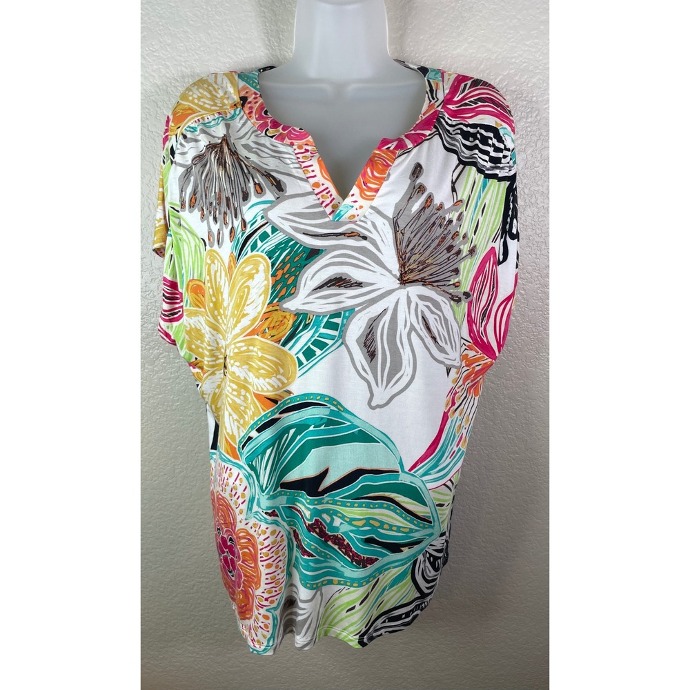 Chicos 2 US Large Top Multicolor Tropical Floral V Neck Micromodal Stretch Chic